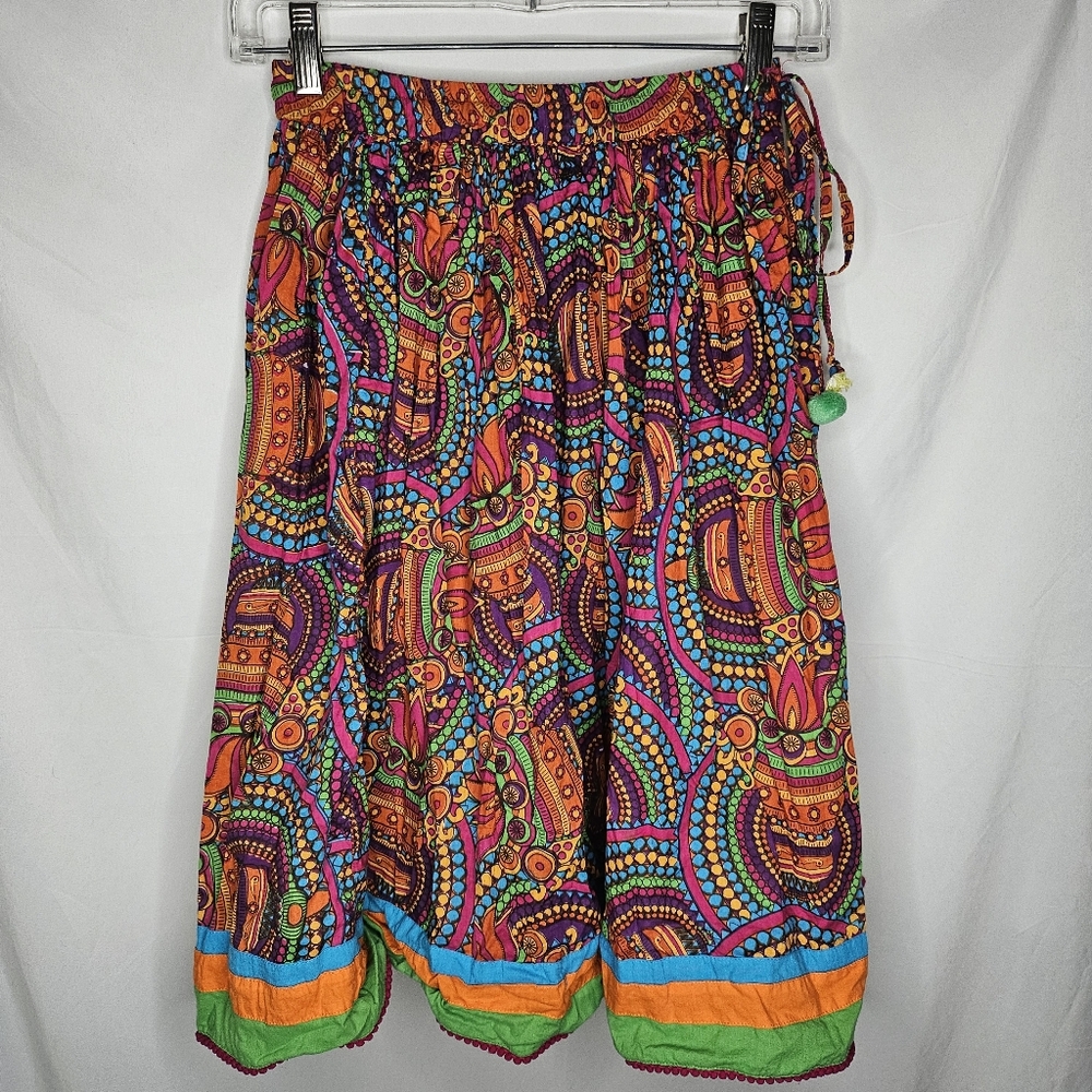 Women Fusion Colorful Medallion Floral Geo Artsy Pom Drawstring Waist Skirt XS
